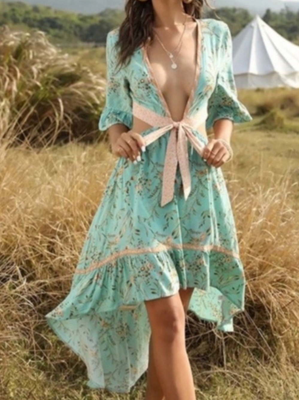 Boho Mint Floral Cut Out Ruffle High Low Dress